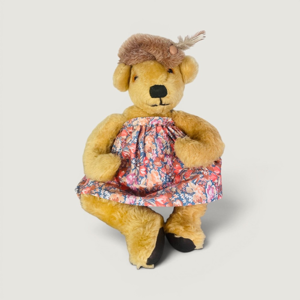 Vintage Teddy Bear Plush Floral Dress Bonnet Tan Cottagecore Stuffed Animal Doll